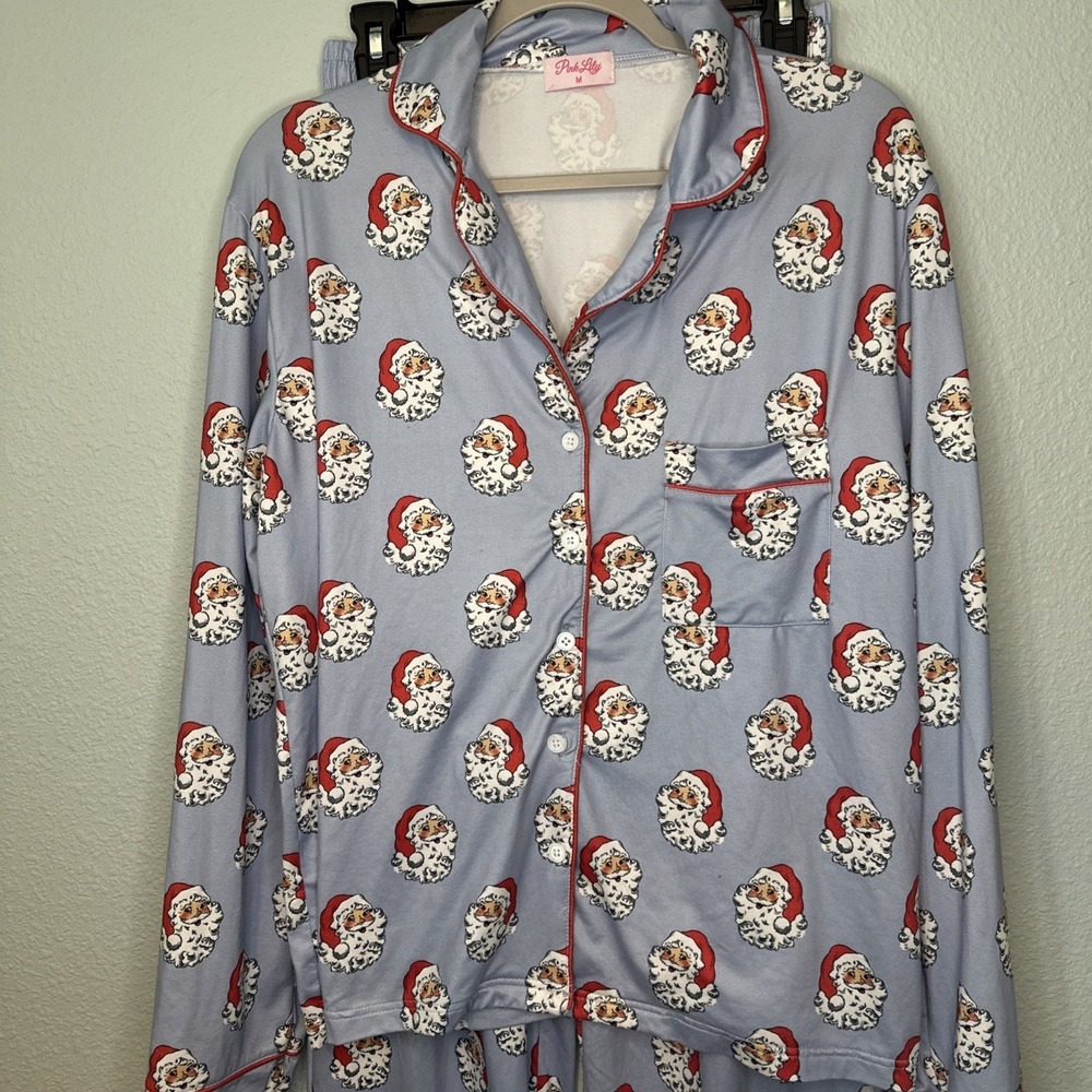Pink Lily Pajama Set Santa Soft Cozy Christmas Two Pieces Medium